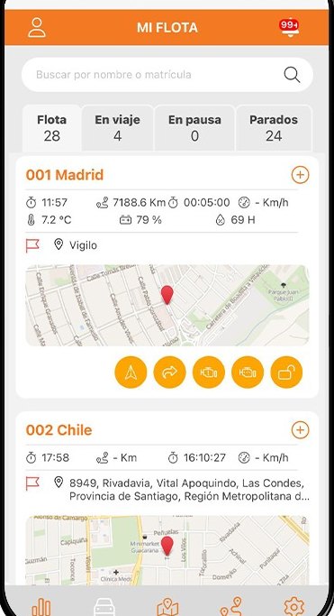 App Vigilo: listado Mi flotilla con vehículos en viaje, en pausa y parados